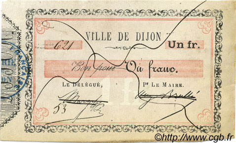 1 Franc Annulé FRANCE regionalism and miscellaneous Dijon 1870 JER.21.03H VF