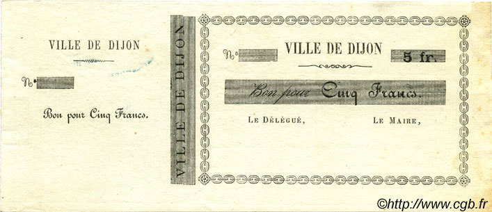 5 Francs Non émis FRANCE regionalism and miscellaneous Dijon 1870 JER.21.03A XF