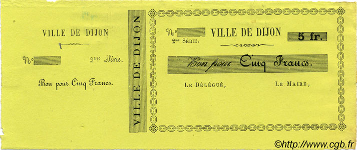 5 Francs Non émis FRANCE regionalism and miscellaneous Dijon 1870 JER.2103C XF