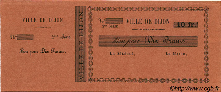 10 Francs Non émis FRANCE régionalisme et divers Dijon 1870 JER.21.03D SUP