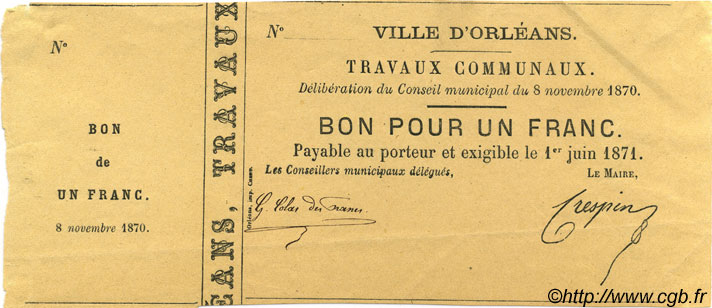 1 Franc Non émis FRANCE regionalism and various Orléans 1870 JER.45.04B XF