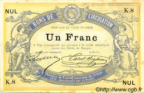 1 Franc Non émis FRANCE Regionalismus und verschiedenen Lille 1870 JER.59.40A fST