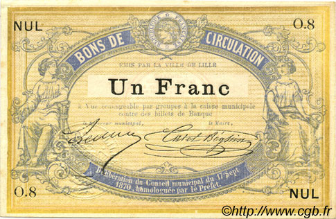 1 Franc Non émis FRANCE regionalismo e varie Lille 1870 JER.59.40A AU