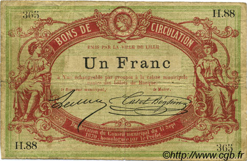 1 Franc FRANCE regionalism and miscellaneous Lille 1870 JER.59.40D F
