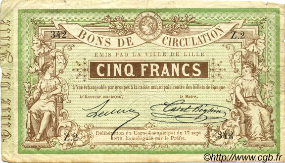 5 Francs FRANCE regionalismo y varios Lille 1870 JER.59.40B BC