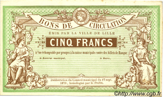 5 Francs Non émis FRANCE regionalism and miscellaneous Lille 1870 BPM.069.38 XF
