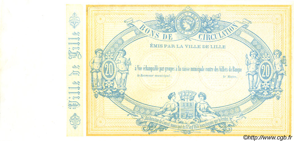 20 Francs Non émis FRANCE regionalism and miscellaneous Lille 1870 BPM.069.38 UNC