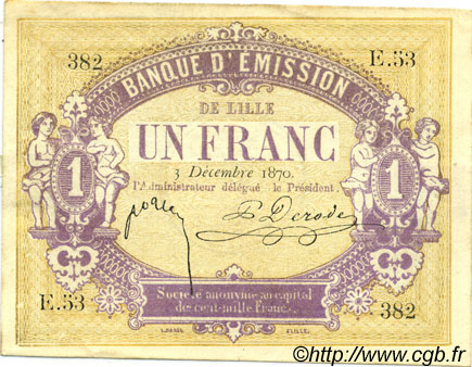 1 Franc FRANCE regionalism and miscellaneous Lille 1870 JER.59.41A VF