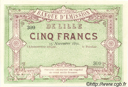 5 Francs Non émis FRANCE regionalismo y varios Lille 1870 JER.59.41B FDC