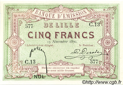 5 Francs Non émis FRANCE Regionalismus und verschiedenen Lille 1870 BPM.070.39 ST