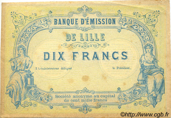 10 Francs Non émis FRANCE regionalism and various Lille 1870 JER.59.41C VF+