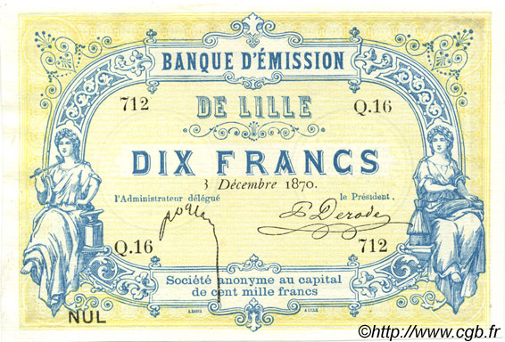 10 Francs Non émis FRANCE regionalism and miscellaneous Lille 1870 BPM.070.39 UNC-
