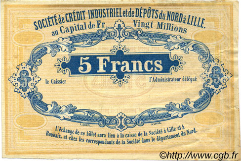 5 Francs Non émis FRANCE regionalismo e varie Lille 1870 JER.59.42A BB
