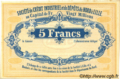 5 Francs Non émis FRANCE regionalism and miscellaneous Lille 1870 JER.59.42A AU