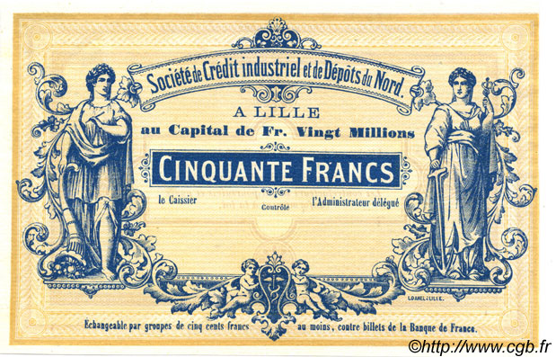 50 Francs Non émis FRANCE regionalism and miscellaneous Lille 1870 BPM.070.40 UNC