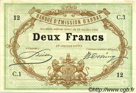 2 Francs FRANCE regionalism and various Arras 1870 BPM.082.01 XF