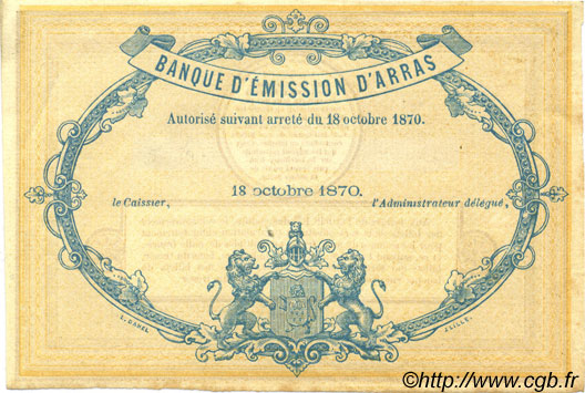 5 Francs Non émis FRANCE regionalism and various Arras 1870 JER.62.02B VF