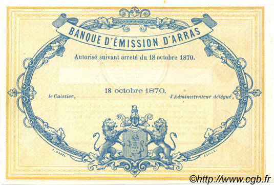5 Francs Non émis FRANCE regionalismo y varios Arras 1870 JER.62.02B FDC