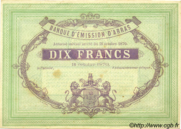 10 Francs Non émis FRANCE regionalism and miscellaneous Arras 1870 JER.62.02C XF