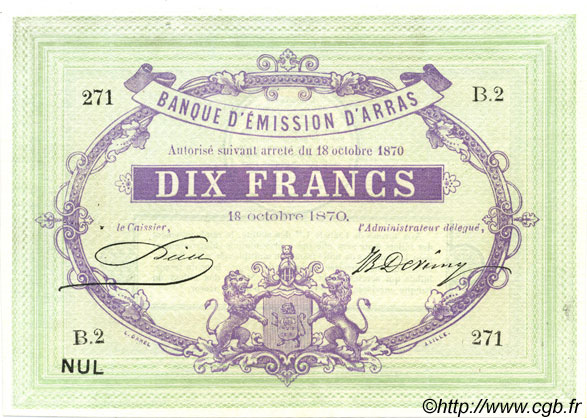 10 Francs Non émis FRANCE regionalismo e varie Arras 1870 BPM.082.01 AU