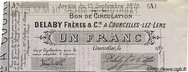 1 Franc Non émis FRANCE regionalismo e varie Courcelles-Lez-Lens 1870 JER.62.13B FDC