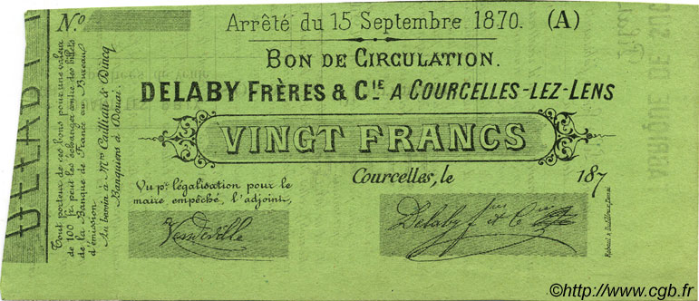 20 Francs Non émis FRANCE regionalism and miscellaneous Courcelles-Lez-Lens 1870 JER.62.13F UNC