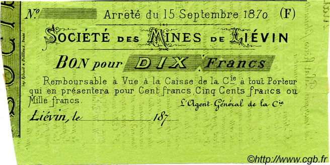 10 Francs FRANCE regionalism and miscellaneous Liévin 1870 JER.62.18C VF+
