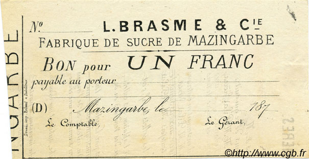1 Franc Non émis FRANCE regionalism and various Mazingarbe 1870 JER.62.20A VF+