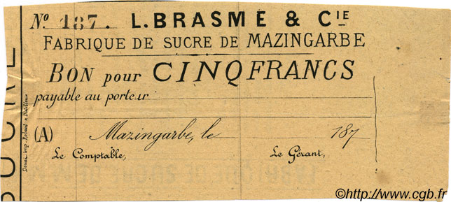 5 Francs Non émis FRANCE regionalismo e varie Mazingarbe 1870 JER.62.20B BB