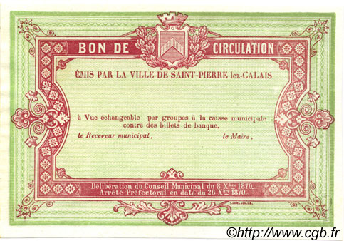 1 Franc Non émis FRANCE regionalism and miscellaneous Saint-Pierre-Lez-Calais 1870 JER.62.26A UNC
