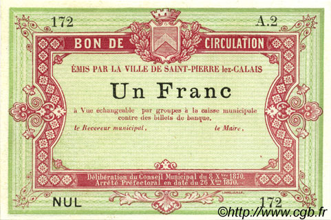 1 Franc Non émis FRANCE regionalism and various Saint-Pierre-Lez-Calais 1870 JER.62.26A UNC