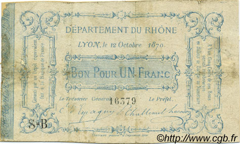 1 Franc FRANCE regionalism and various Lyon 1870 JER.69.02A F