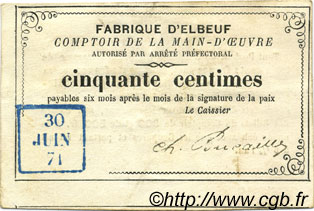 50 Centimes FRANCE regionalism and various Elbeuf 1871 JER.76.09A VF