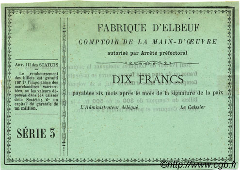 10 Francs Non émis FRANCE regionalismo e varie Elbeuf 1870 JER.76.09D SPL