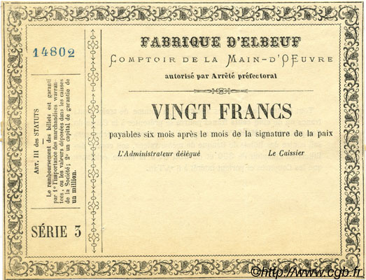20 Francs Non émis FRANCE Regionalismus und verschiedenen Elbeuf 1870 JER.76.09E VZ