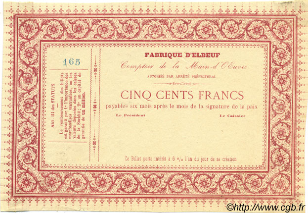 500 Francs Non émis FRANCE regionalism and various Elbeuf 1870 JER.76.10B AU