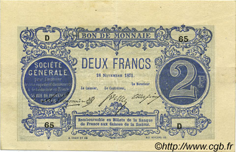 2 Francs FRANCE regionalism and various  1871 BPM.11 XF-