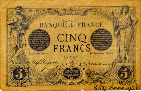 5 Francs NOIR FRANCE  1871 F.01.01 VF
