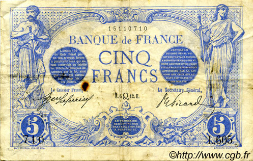 5 Francs BLEU FRANCIA  1912 F.02.07 q.BB