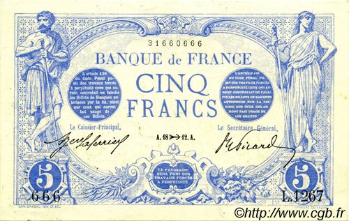 5 Francs BLEU FRANCIA  1912 F.02.11 EBC+