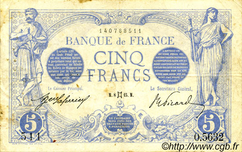 5 Francs BLEU FRANCIA  1915 F.02.27 BC+