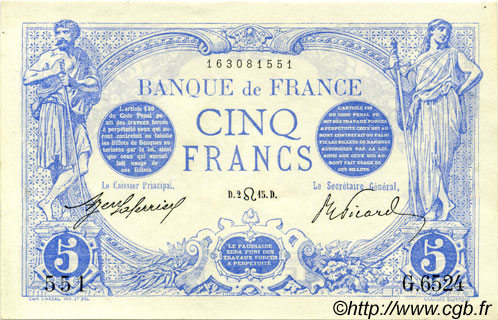 5 Francs BLEU FRANCIA  1915 F.02.29 AU+