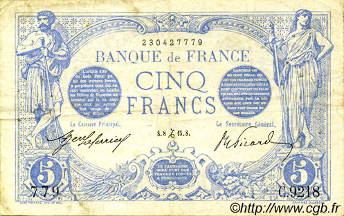 5 Francs BLEU FRANKREICH  1915 F.02.34 SS