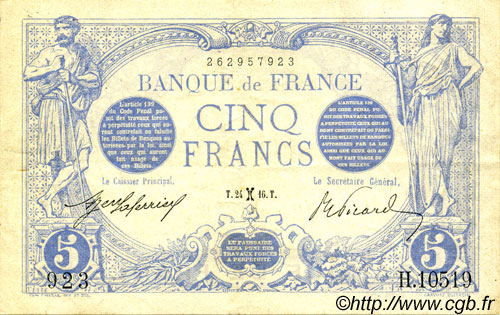 5 Francs BLEU FRANCE  1916 F.02.36 XF