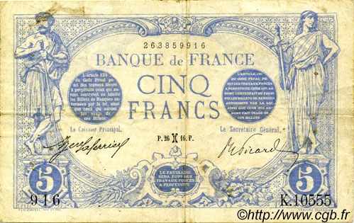 5 Francs BLEU FRANCE  1916 F.02.36 VF-