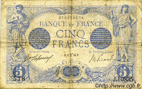 5 Francs BLEU FRANCIA  1916 F.02.37 q.MB