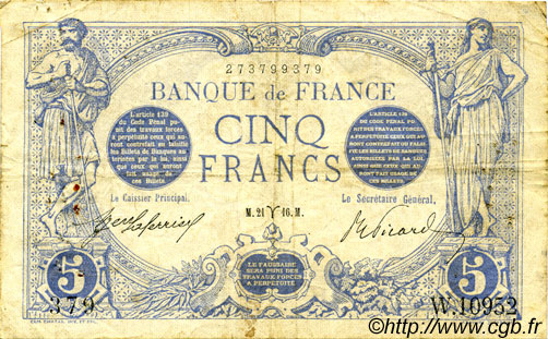 5 Francs BLEU FRANCIA  1916 F.02.37 MB