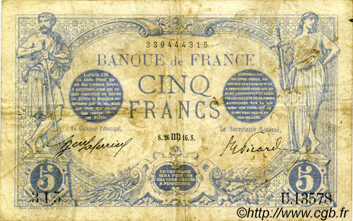 5 Francs BLEU FRANKREICH  1916 F.02.42 S