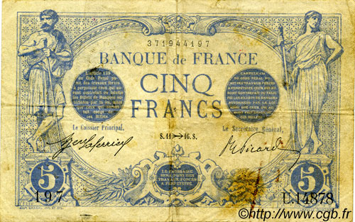5 Francs BLEU FRANKREICH  1916 F.02.45 S