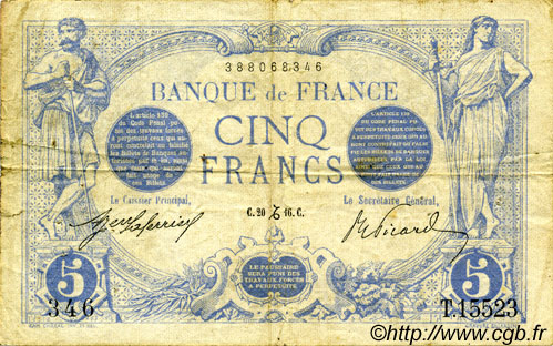 5 Francs BLEU FRANCIA  1916 F.02.46 BC